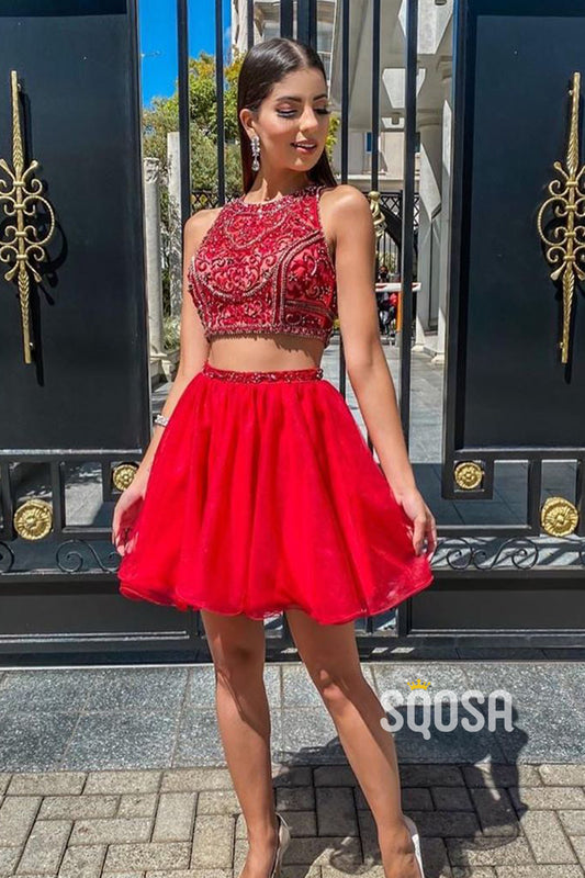 Jewel Neckline Beaded Bodice Red Two-Piece Homecoming Dress QS2345|SQOSA