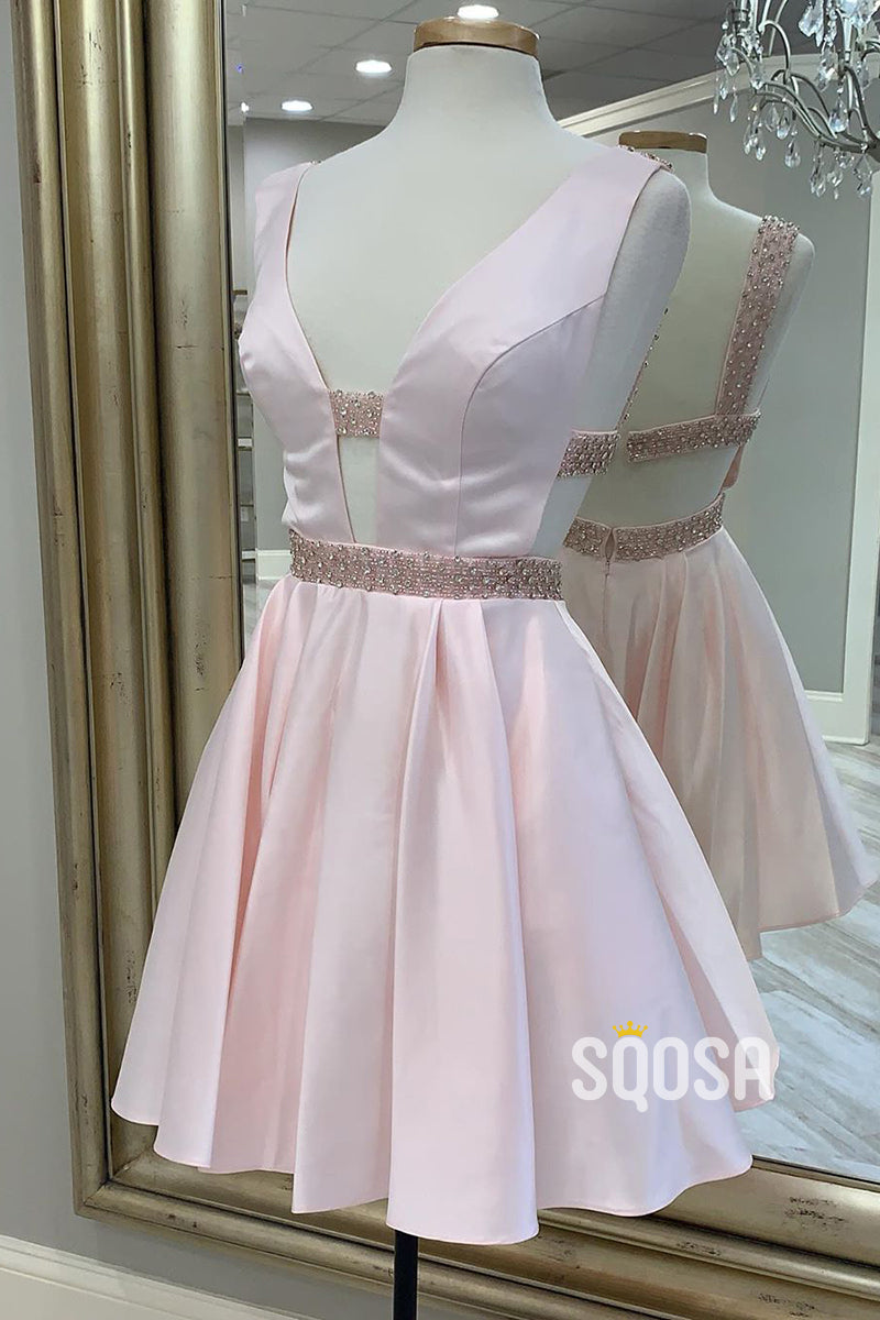Pink Satin Deep V-neck Beaded Short Homecoming Dress QS2346|SQOSA