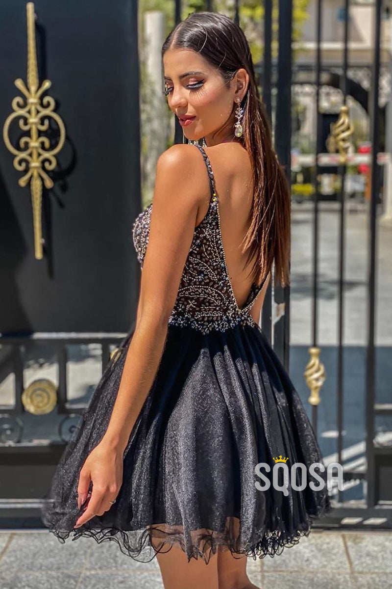 Luxury Beaded Bodice Black Tulle Short Homecoming Dress QS2349|SQOSA