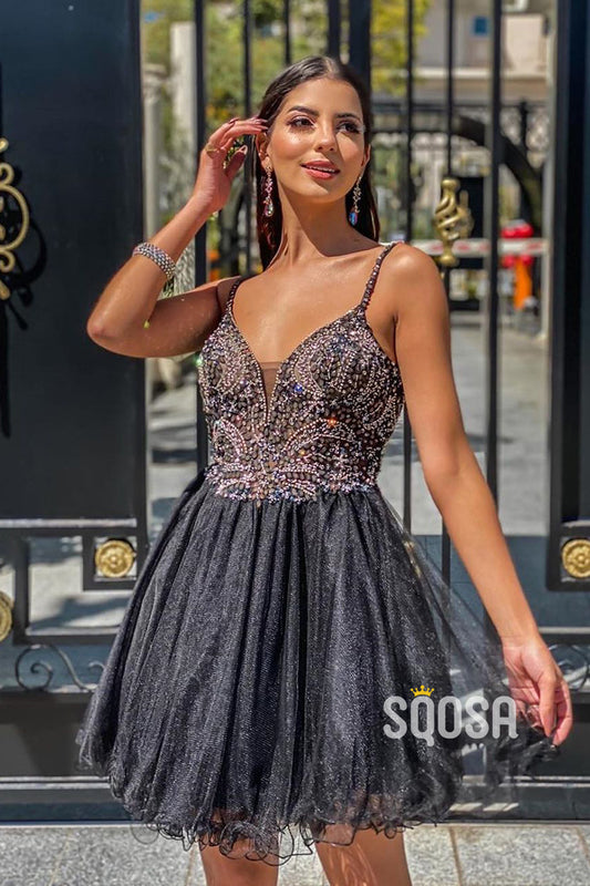 Luxury Beaded Bodice Black Tulle Short Homecoming Dress QS2349|SQOSA