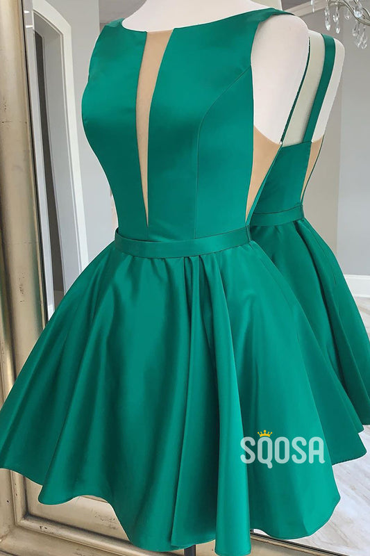 Green Satin Illusion V-neck Short Homecoming Dress QS2350|SQOSA