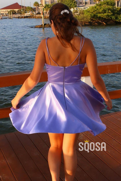 Lavender Satin V-neck Short Homecoming Dress with Pockets QS2356|SQOSA