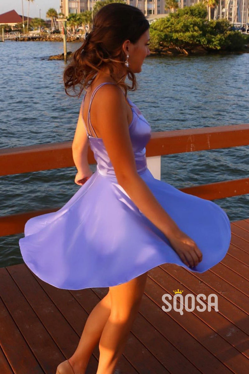 Lavender Satin V-neck Short Homecoming Dress with Pockets QS2356|SQOSA