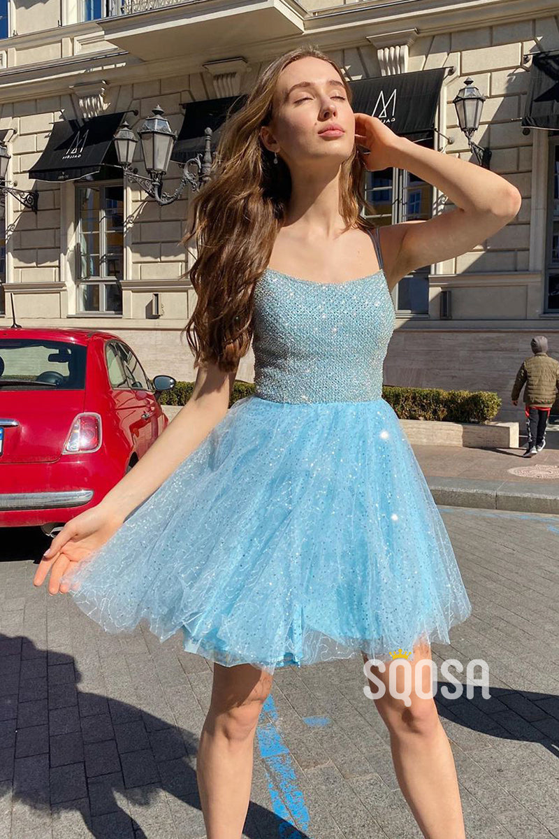 Sky Blue Sequins Lace Beaded Bodice Short Homecoming Dress QS2357|SQOSA