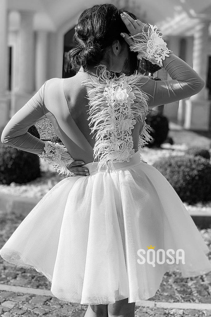 Ball Gown Illusion Neckline Appliques Homecoming Dress with Pockets Short Prom Dress QS2362|SQOSA