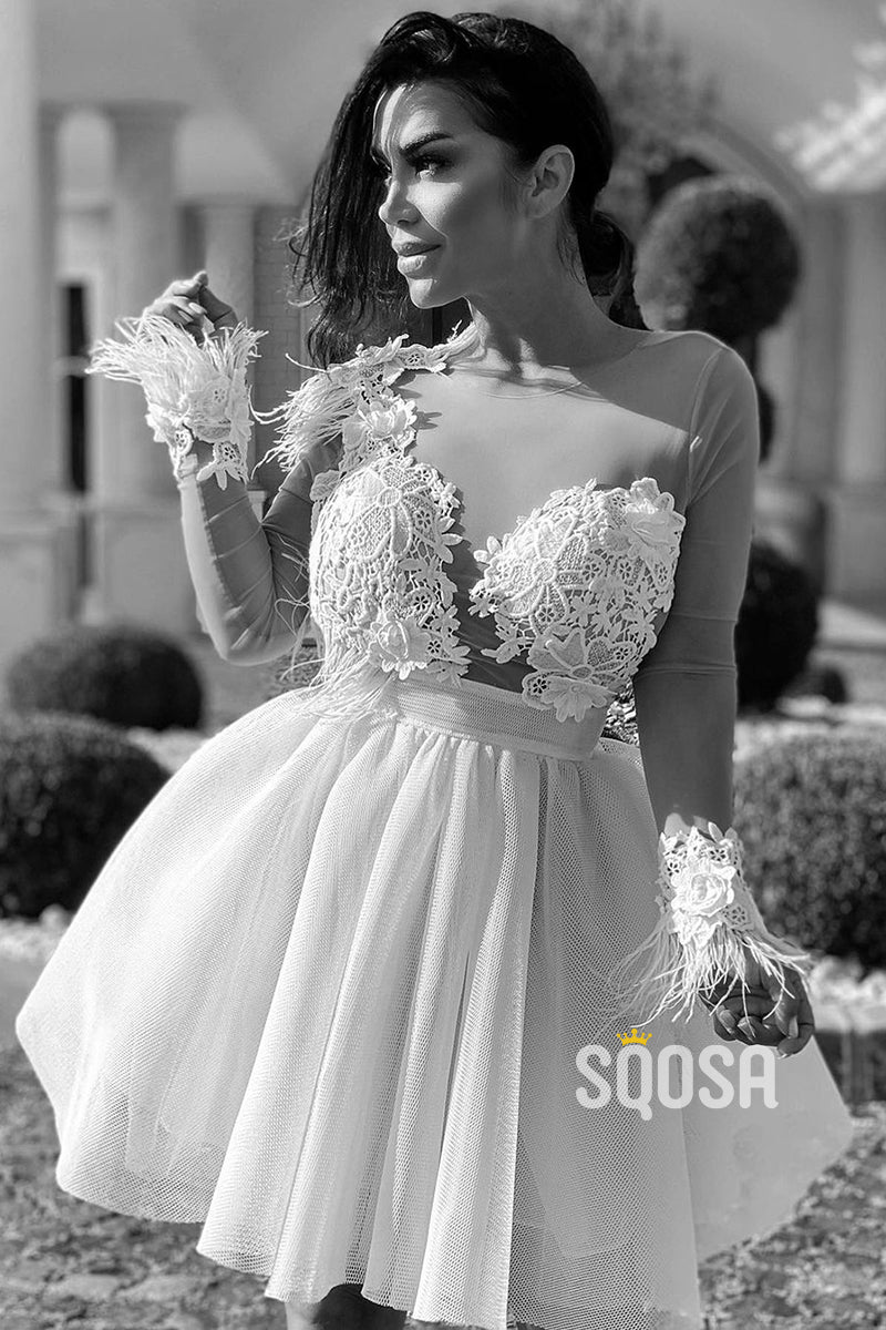 Ball Gown Illusion Neckline Appliques Homecoming Dress with Pockets Short Prom Dress QS2362|SQOSA