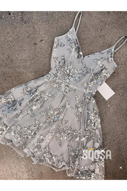 Spaghetti Straps Silver Lace Short Homecoming Dress QS2407