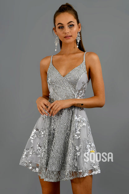 Spaghetti Straps Silver Lace Short Homecoming Dress QS2407
