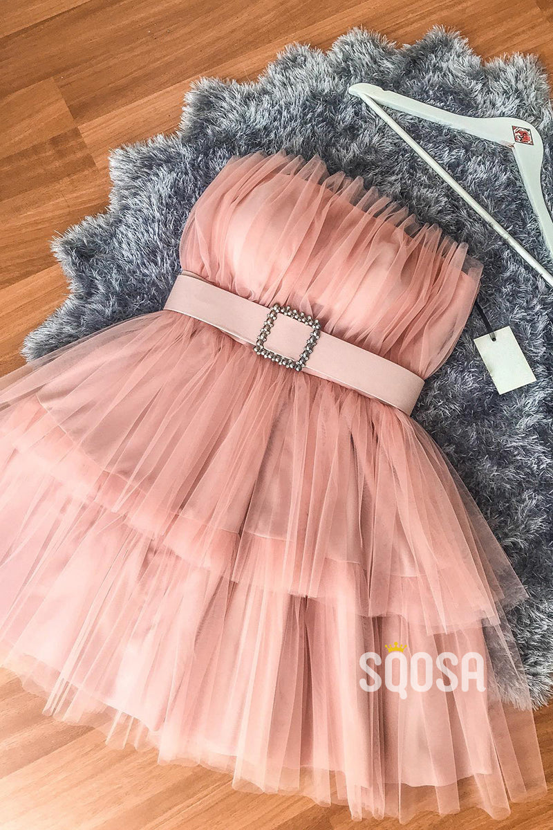 Strapless Tulle Pink Cute Homecoming Dress QS2414