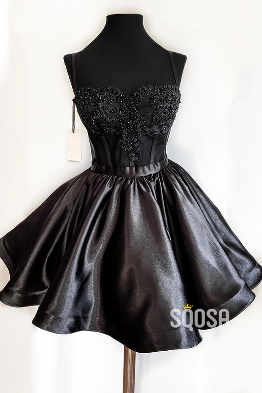 Spaghetti Straps Beads Black Short Homecoming Dress QS2416