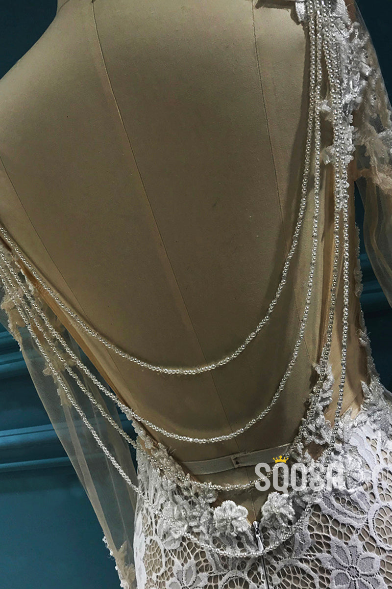 Unique Bateau Illusion Long Sleeve Luxury Lace Mermaid Wedding Dress Bridal Dress QW0818