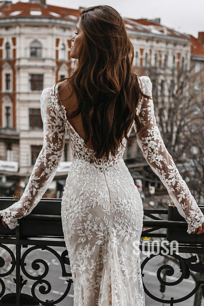 Plunging Illusion V-Neckline Long Sleeves Lace Wedding Dress Bridal Gown QW0819
