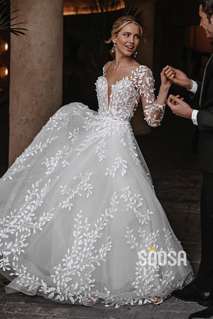 Attractive V-Neck Lace Appliques Long Sleeves Rustic Wedding Dress QW0821