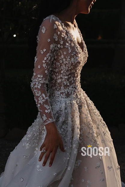 Plunging V-Neck Lace Appliques Long Sleeves Wedding Dress Bridal Gown QW0826