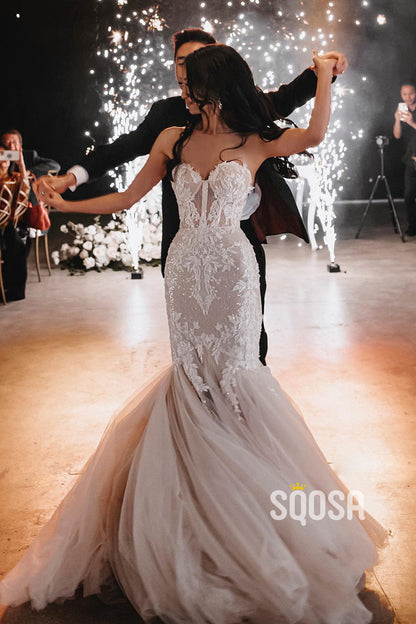 Sweetheart Lace Appliques Mermaid Wedding Dress Bridal Gown QW0828