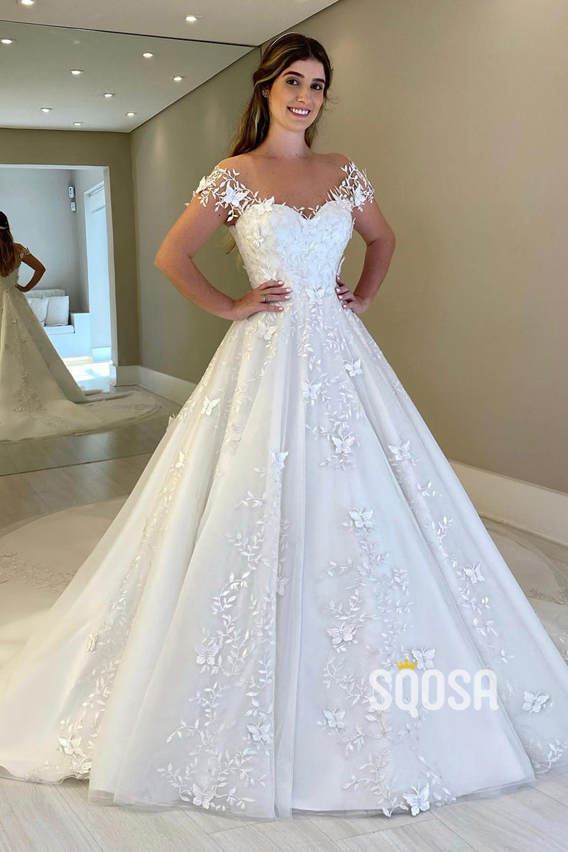 Illusion Neckline Cap Sleeves Lace Appliques Wedding Gown Bridal Dress QW0842