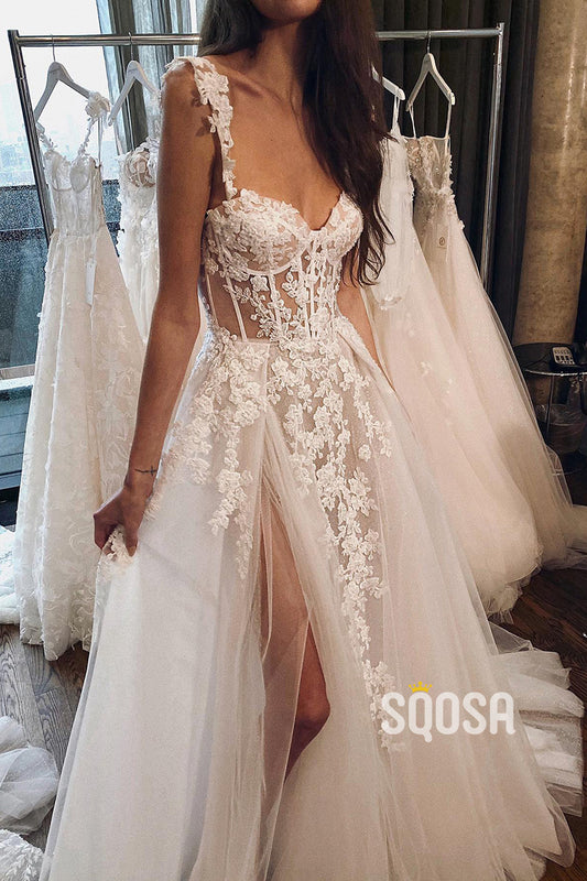 Double Straps Lace Appliques Bohemian Wedding Dress Bridal Gown QW0845