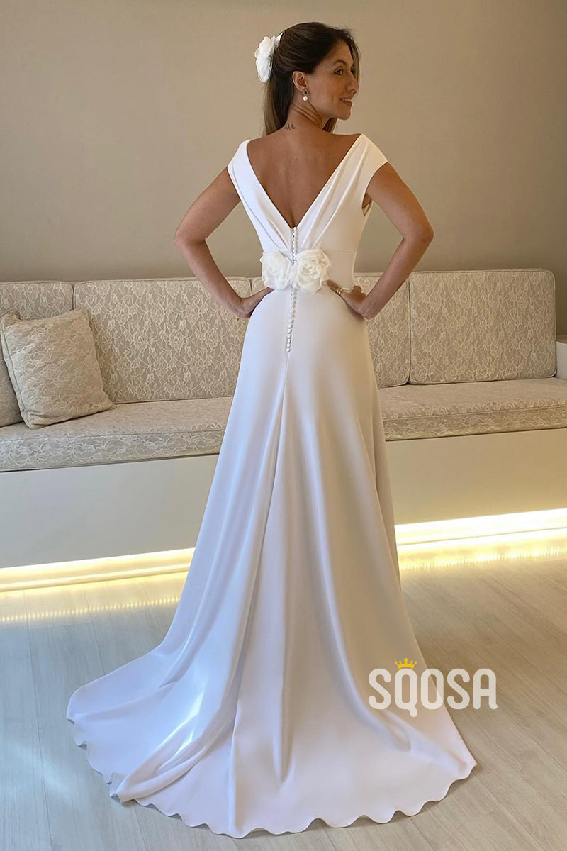 Sexy V-Neck Pleats Simple Wedding Dress Bridal Gown QW0846