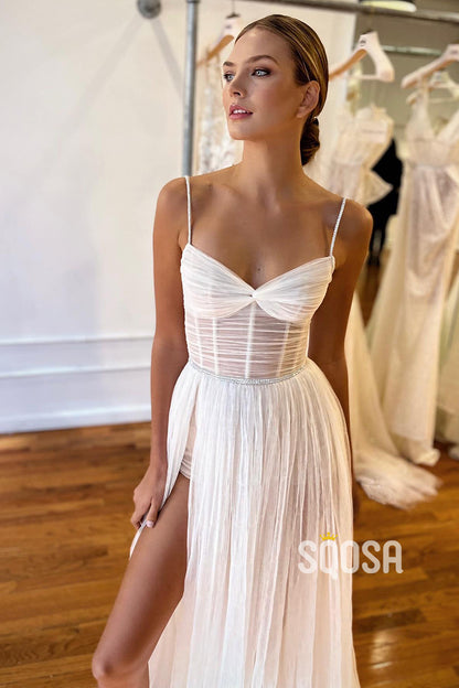 Spgahetti Straps Pleats High Split Bohemian Wedding Dress QW0851