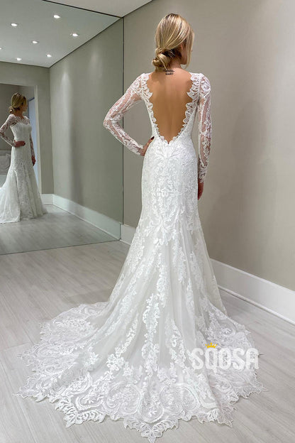 Unique Bateau Romantic Lace Wedding Dress with Sleeves Bridal Gown QW0853