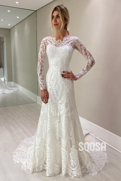 Unique Bateau Romantic Lace Wedding Dress with Sleeves Bridal Gown QW0853