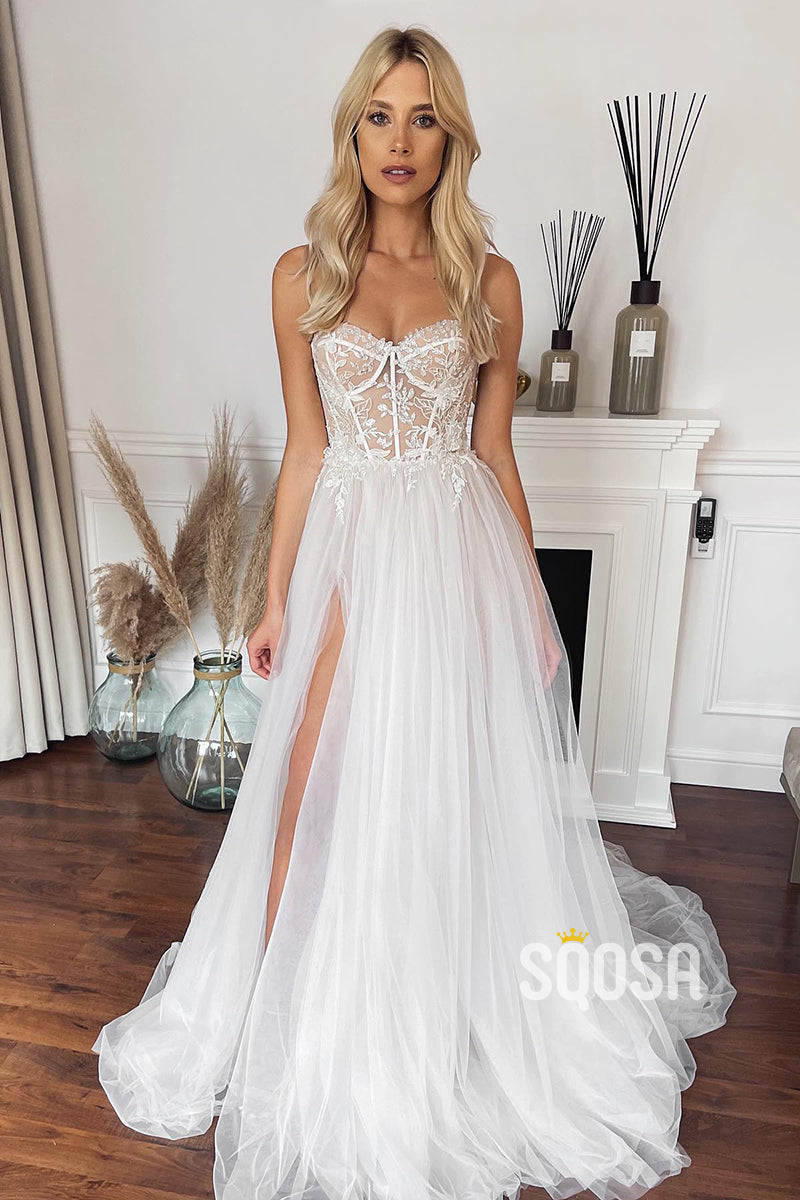 A-line Sweetheart Lace Appliques Bohemian Wedding Dress Bridal Gown QW0870