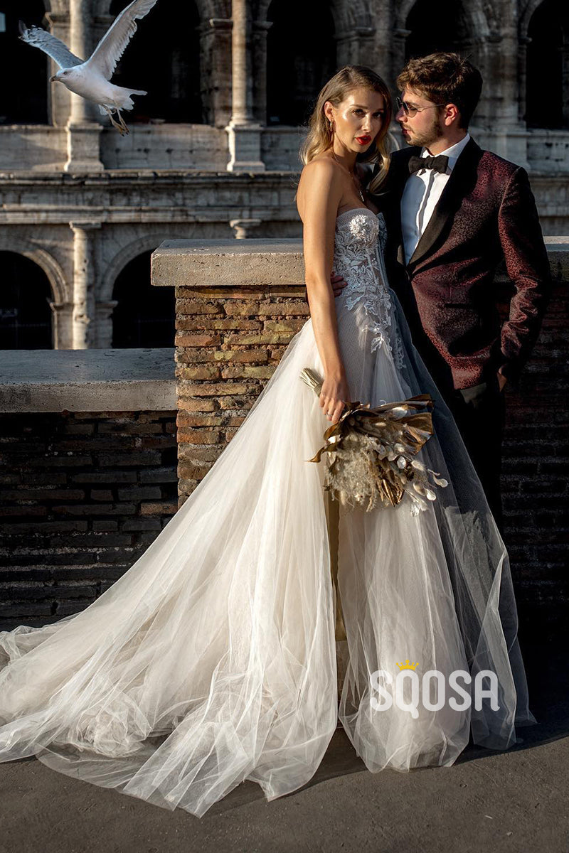 A-line Sweetheart Lace Appliques Bohemian Wedding Dress Bridal Gown QW0873