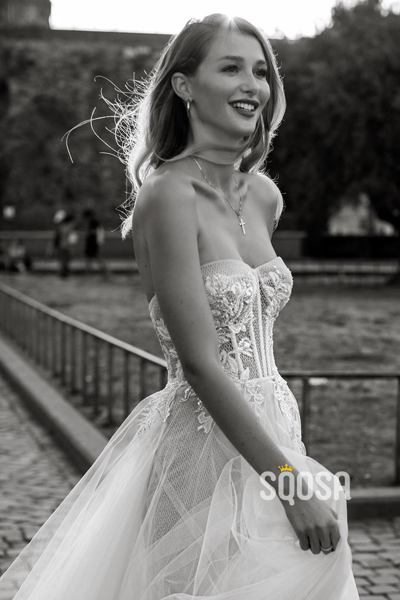 A-line Sweetheart Lace Appliques Bohemian Wedding Dress Bridal Gown QW0873