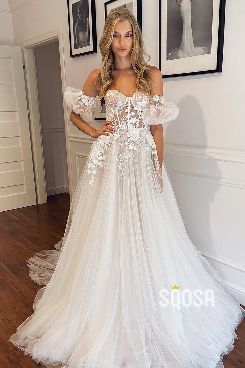A-line Sweetheart Lace Appliques Bohemian Wedding Dress QW0900