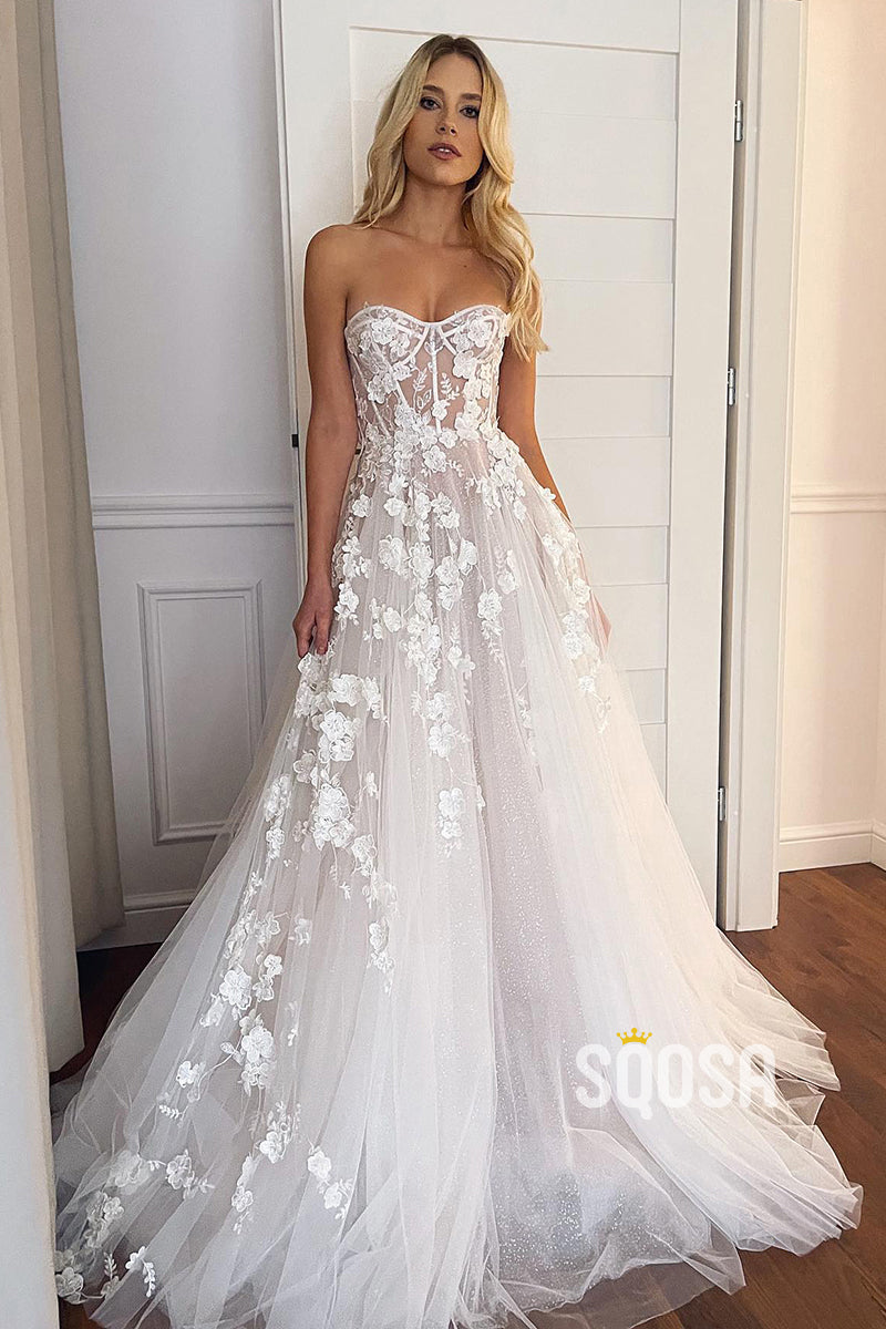 A-line Sweetheart Lace Appliques Bohemain Wedding Dress QW0904