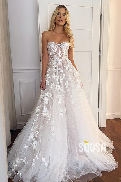 A-line Sweetheart Lace Appliques Bohemain Wedding Dress QW0904