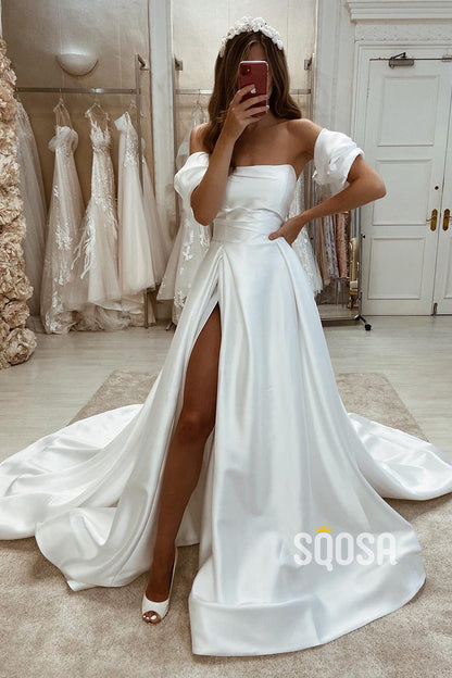 A-line Strapless Pleats Satin Wedding Dress with Slit QW0911