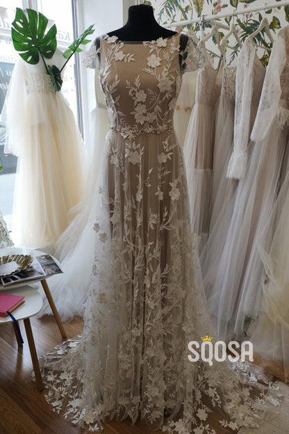 A-line Chic Cap Sleeves Exquisite Lace Bohemian Wedding Dress QW2440|SQOSA