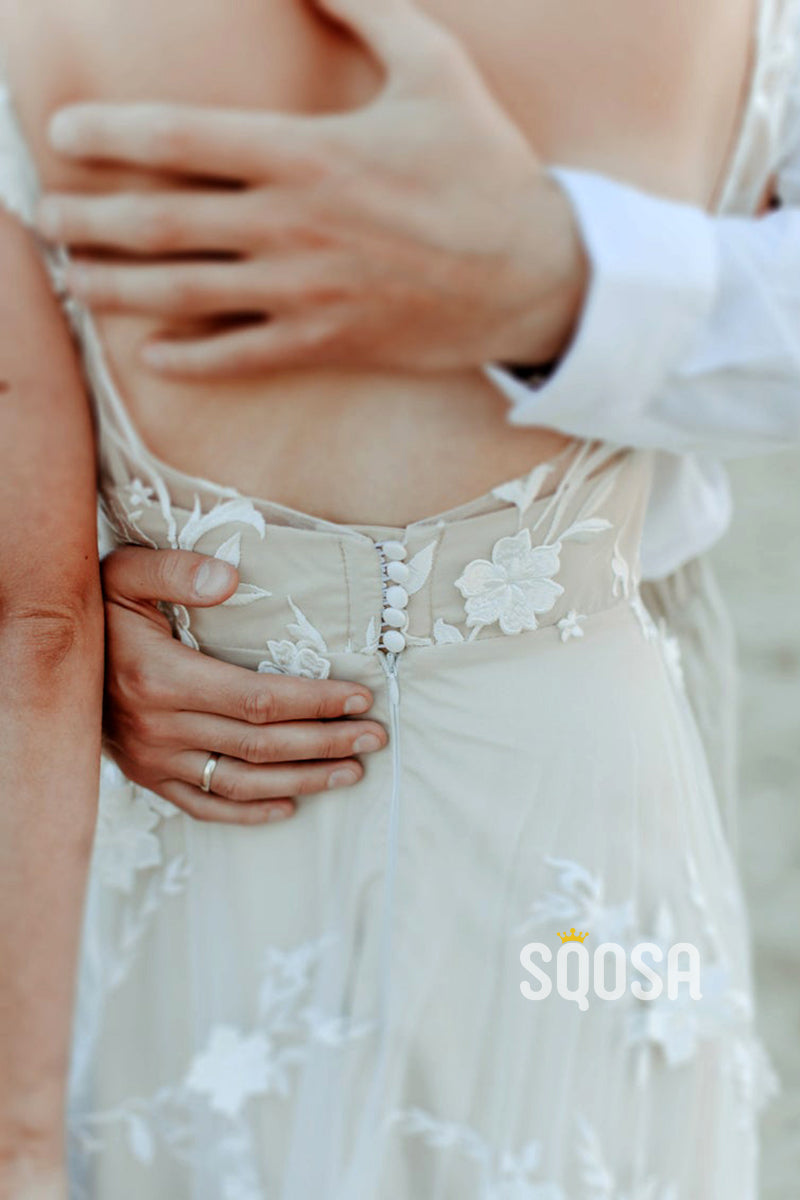 A-line Chic Cap Sleeves Exquisite Lace Bohemian Wedding Dress QW2440|SQOSA