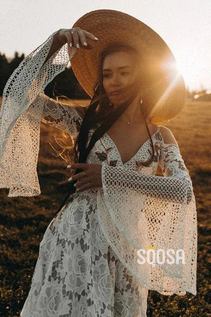 Sexy V-neck Exquisite Lace Long Sleeves Bohemian Wedding Dress QW2441|SQOSA