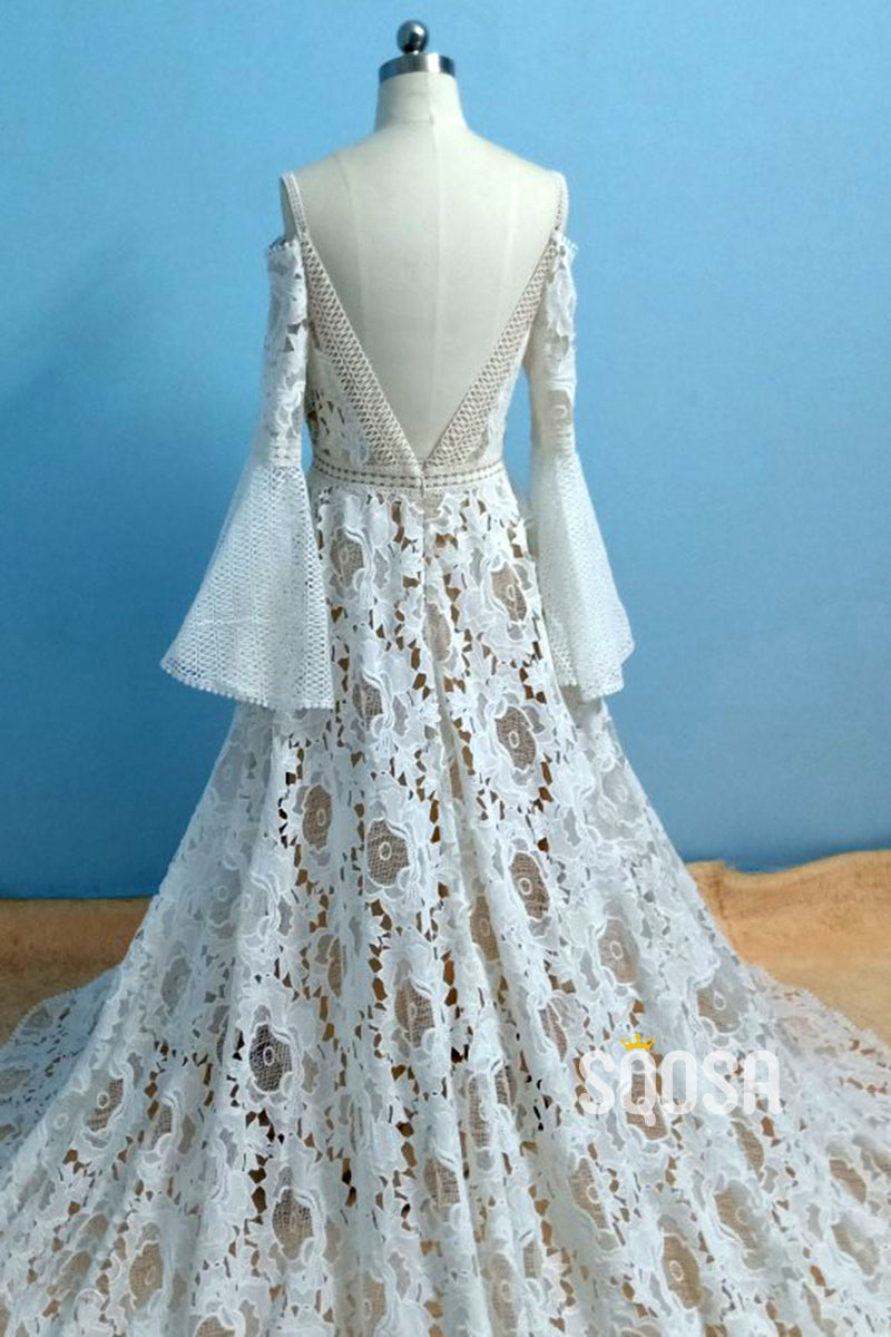 Sexy V-neck Exquisite Lace Long Sleeves Bohemian Wedding Dress QW2441|SQOSA