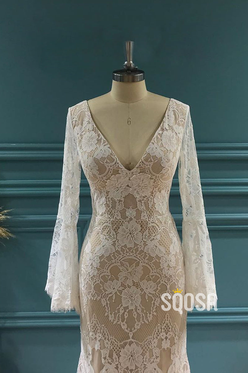 Sexy Deep V-neck Long Sleeves Lace Mermaid Wedding Dress QW2443|SQOSA
