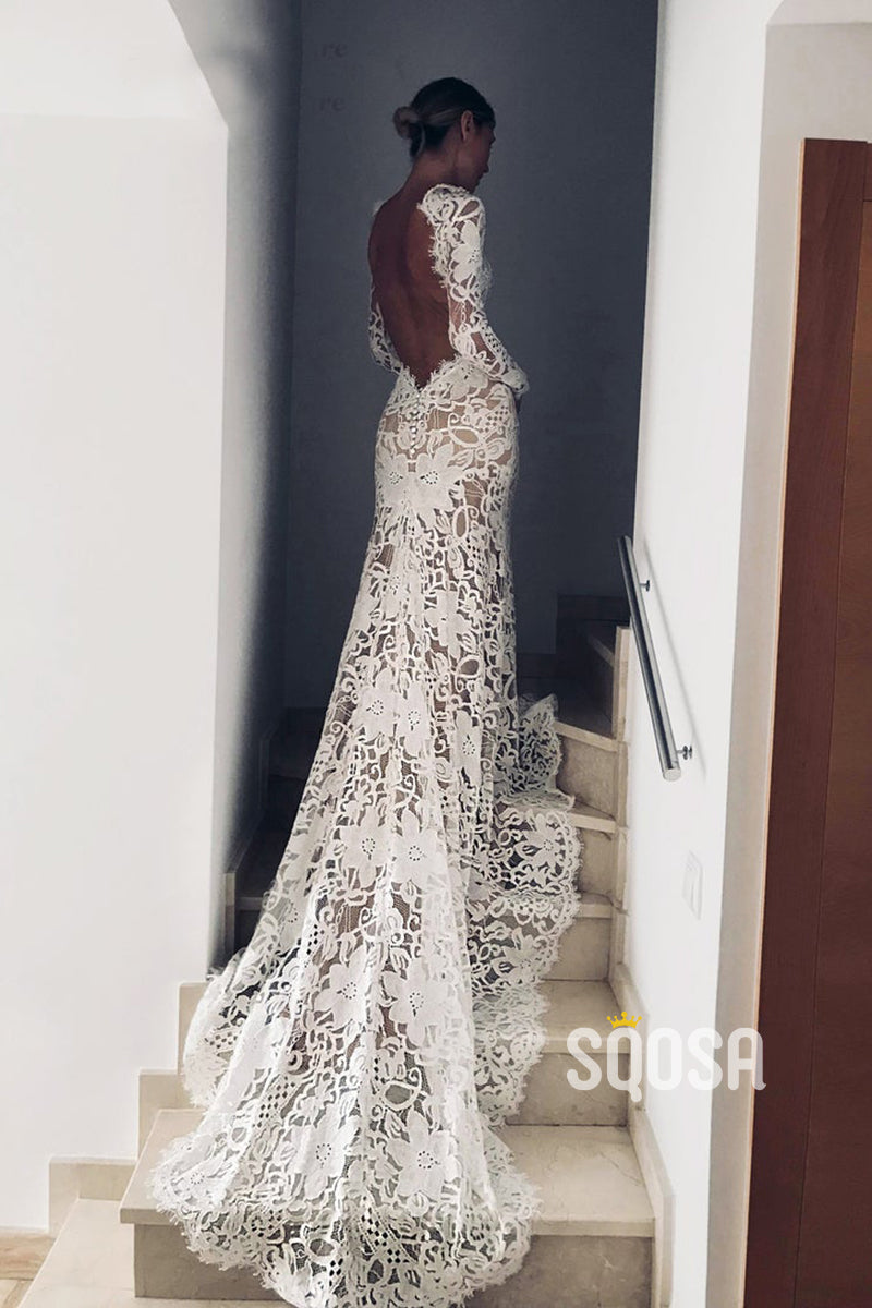 Unique High Neck Long Sleeves High-Quality Lace Mermaid Wedding Dress Backless QW2445|SQOSA