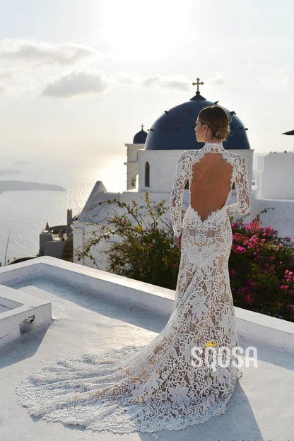 Unique High Neck Long Sleeves High-Quality Lace Mermaid Wedding Dress Backless QW2445|SQOSA