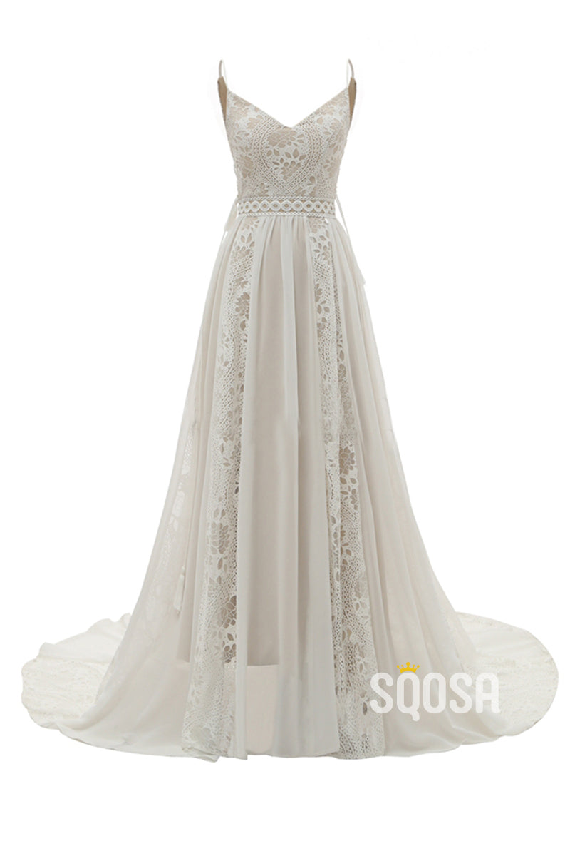 Unique Spaghetti Straps Lace Bohemian Wedding Dress QW2446|SQOSA