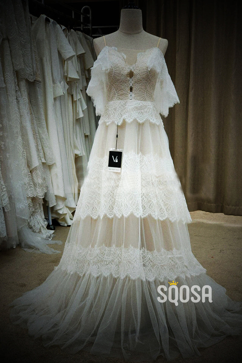 Sexy V-neck Lace Bohemian Wedding Dress with Slit QW2447|SQOSA