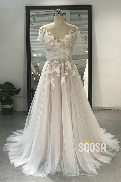 A-line Chic Illusion Neckline Appliques Country Wedding Dress with Sleeves QW2449|SQOSA