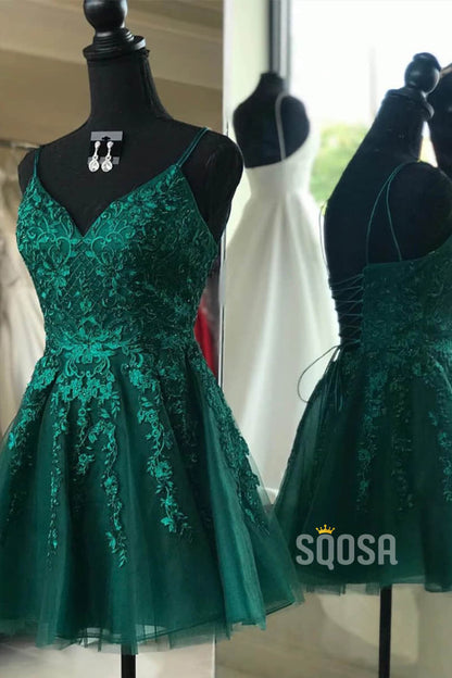 Spaghetti Straps Green Tulle Appliques A-Line Homecoming Dress QH0827|SQOSA