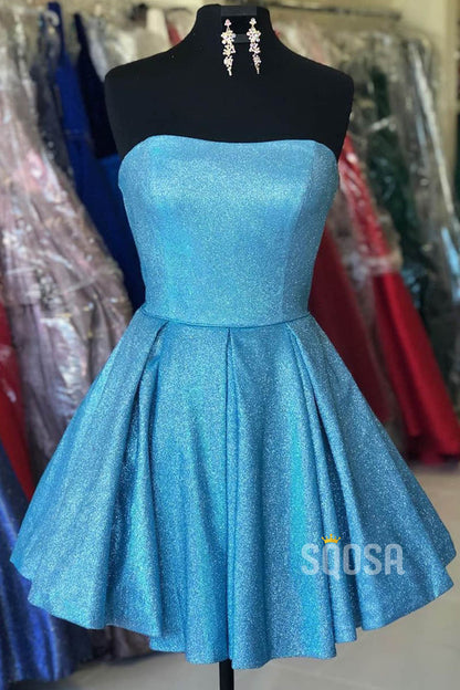 Strapless Blue A-Line Sparkle Homecoming Dress Short Prom Dress QH0846|SQOSA
