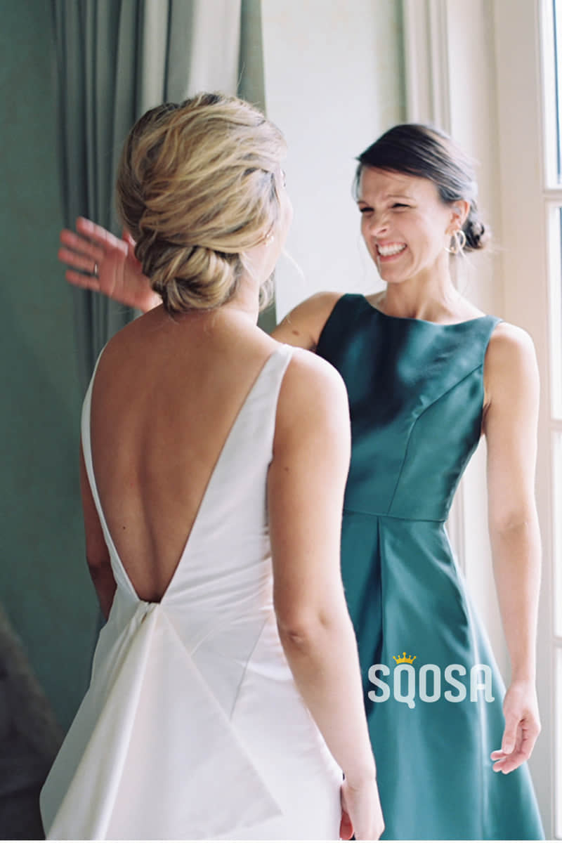 Asymmetric Green Satin Scoop A-Line Cheap Long Bridesmaid Dress QB0824|SQOSA