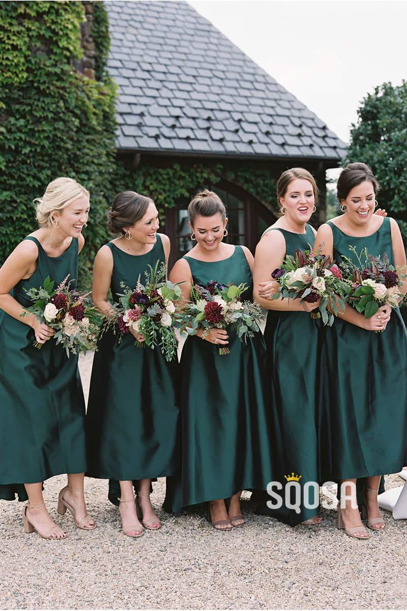 Asymmetric Green Satin Scoop A-Line Cheap Long Bridesmaid Dress QB0824|SQOSA