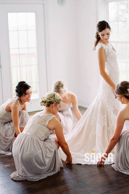 One Shoulder Lace Top Grey CHhiffon A-Line Long Bridesmaid Dress QB0827|SQOSA