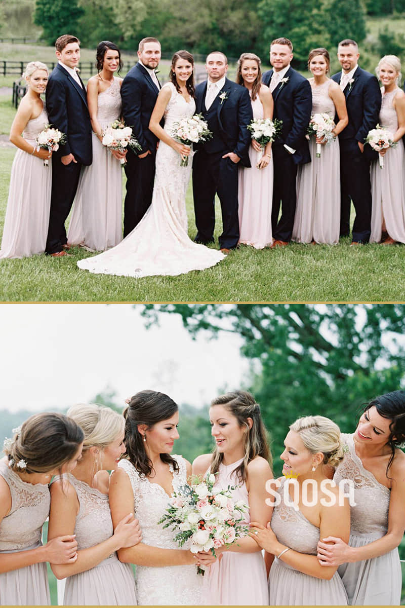 One Shoulder Lace Top Grey CHhiffon A-Line Long Bridesmaid Dress QB0827|SQOSA
