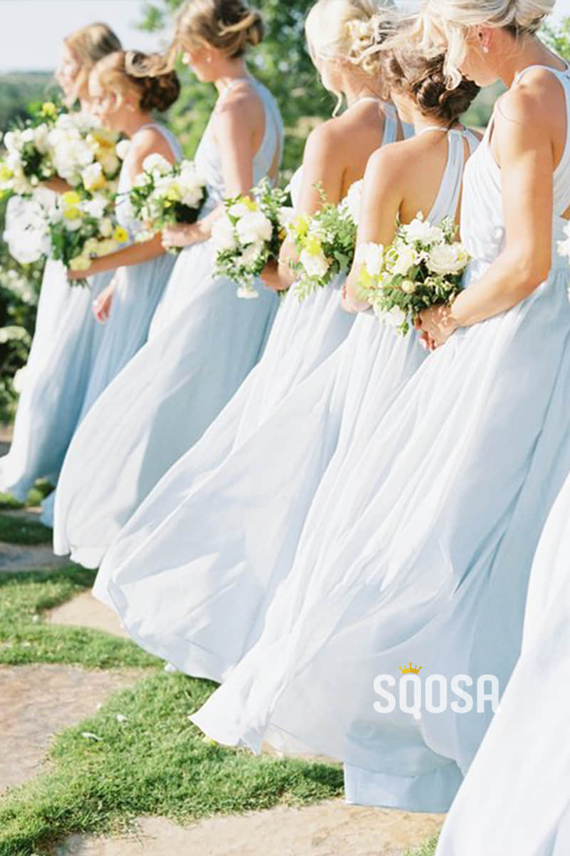 Sky Blue Chiffon Pleat A-line Cheap Long Bridesmaid Dress QB0829|SQOSA