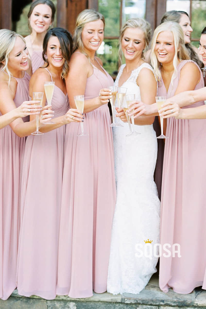 A-Line Pink Chiffon Pleat Long Bridesmaid Dress QB0830|SQOSA